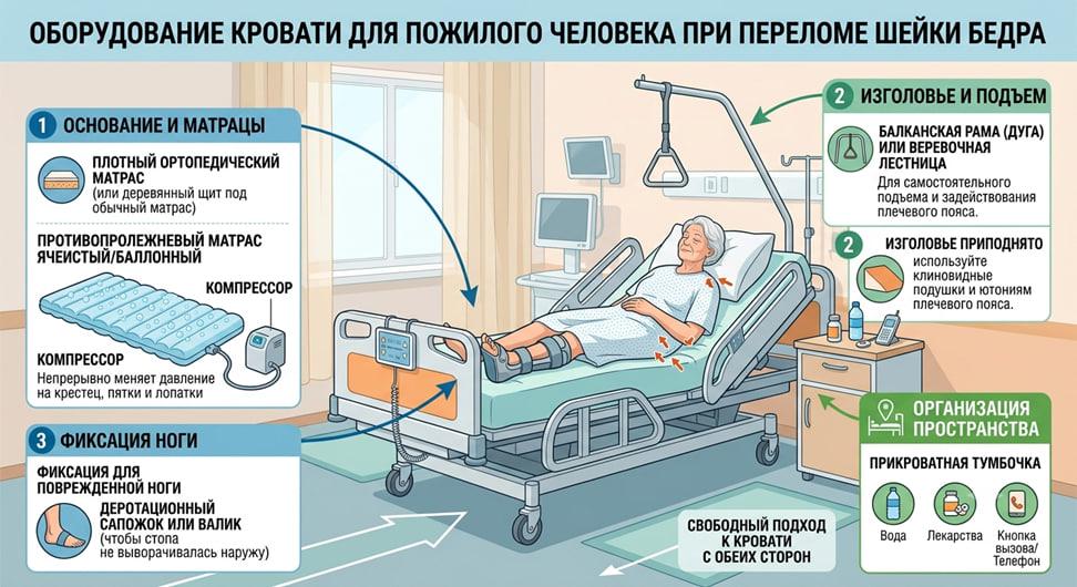 Инфографика об оборудовании кровати и уходе за пожилым человеком при переломе шейки бедра