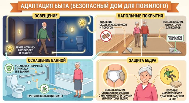 Адаптация дома для пожилого человека — освещение, безопасные покрытия, поручни и защита бедра