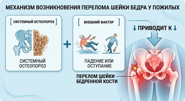 Механизм возникновения перелома шейки бедра у пожилых при остеопорозе и падении