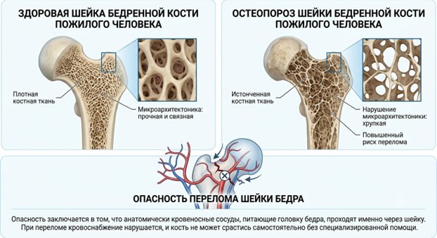 Сравнение здоровой шейки бедренной кости и остеопороза у пожилого человека с риском перелома