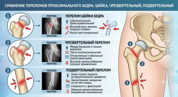 Сравнение перелома шейки бедра, чрезвертельного и подвертельного переломов проксимального отдела бедра