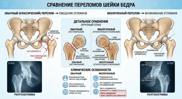 Сравнение обычного и вколоченного перелома шейки бедра с рентгенограммами и клиническими особенностями