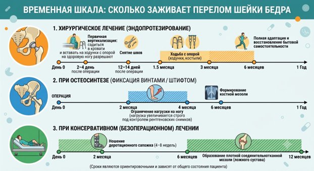 Сроки восстановления после перелома шейки бедра при эндопротезировании, остеосинтезе и консервативном лечении