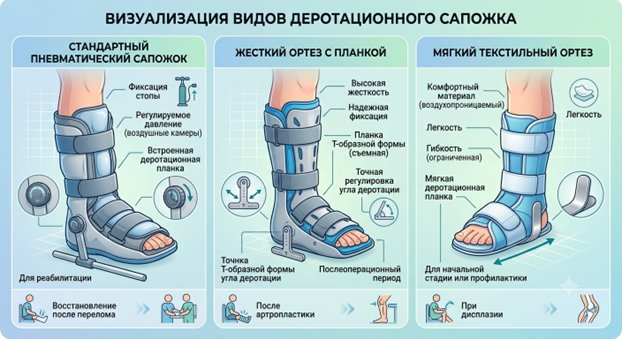 Виды деротационного сапожка для фиксации ноги после перелома шейки бедра